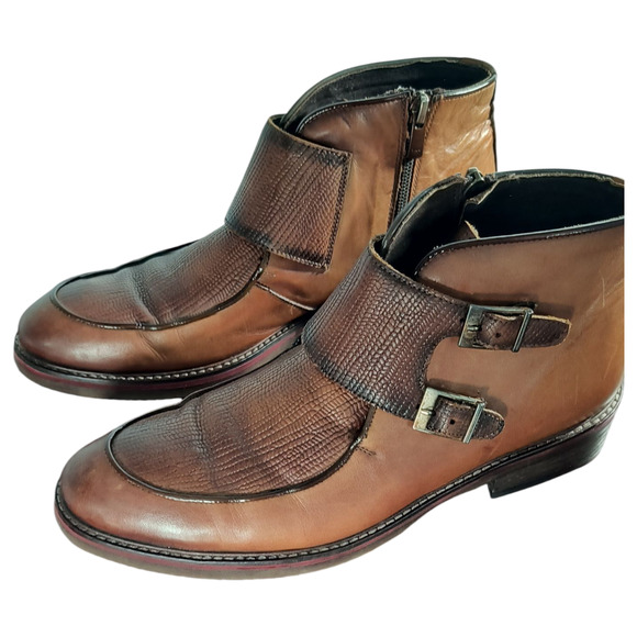 Bayer Double Monk Strap Leather Boot Shoes Men's 40/ US 7 Brown Side Zip Buckle - Picture 4 of 11